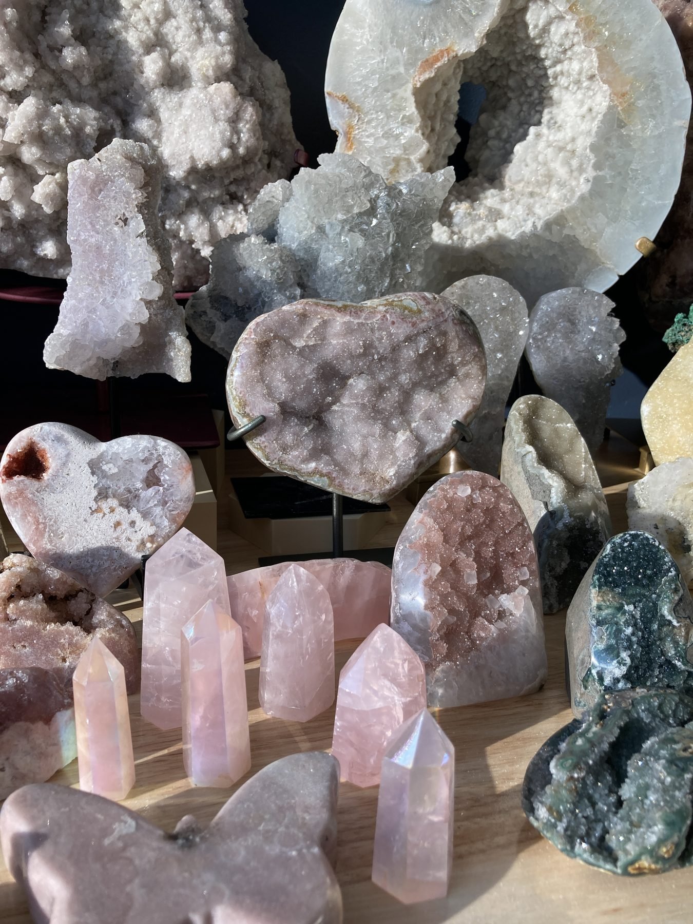 Rose quartz points and hearts